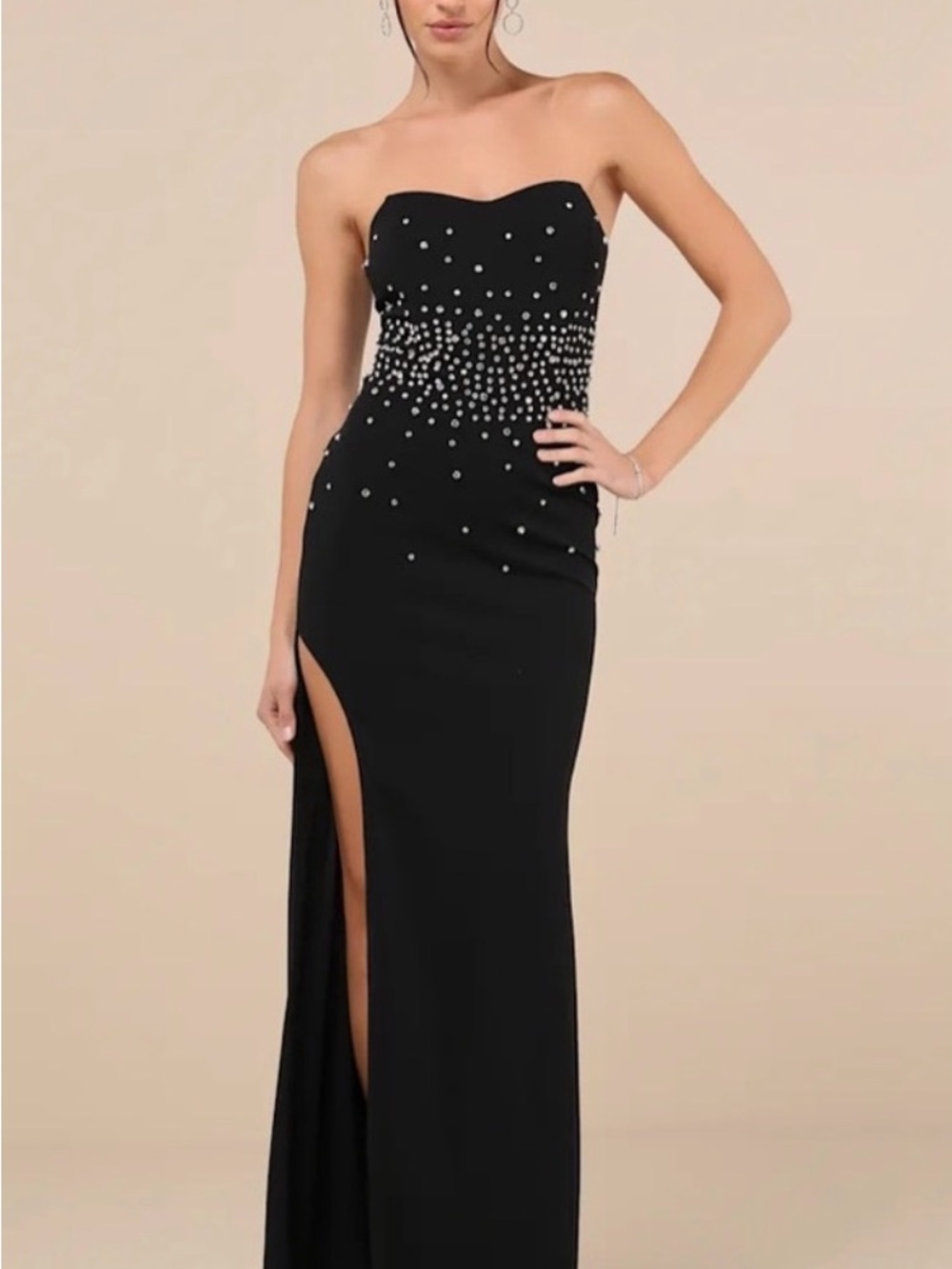 Lulu's Black Strapless Gown with Crystal Embellished Bodice